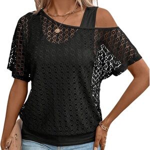 Women's Sheer Mesh Tops Asymmetrical Neck Short Sleeve NWOT L/XL